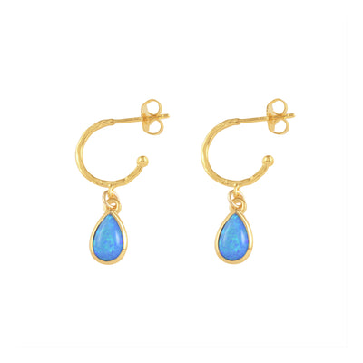 Von Treskow Yg Plated Hammered Open Hoop Studs w Pear Blue Czelline Opal - Gold | Mocha Australia