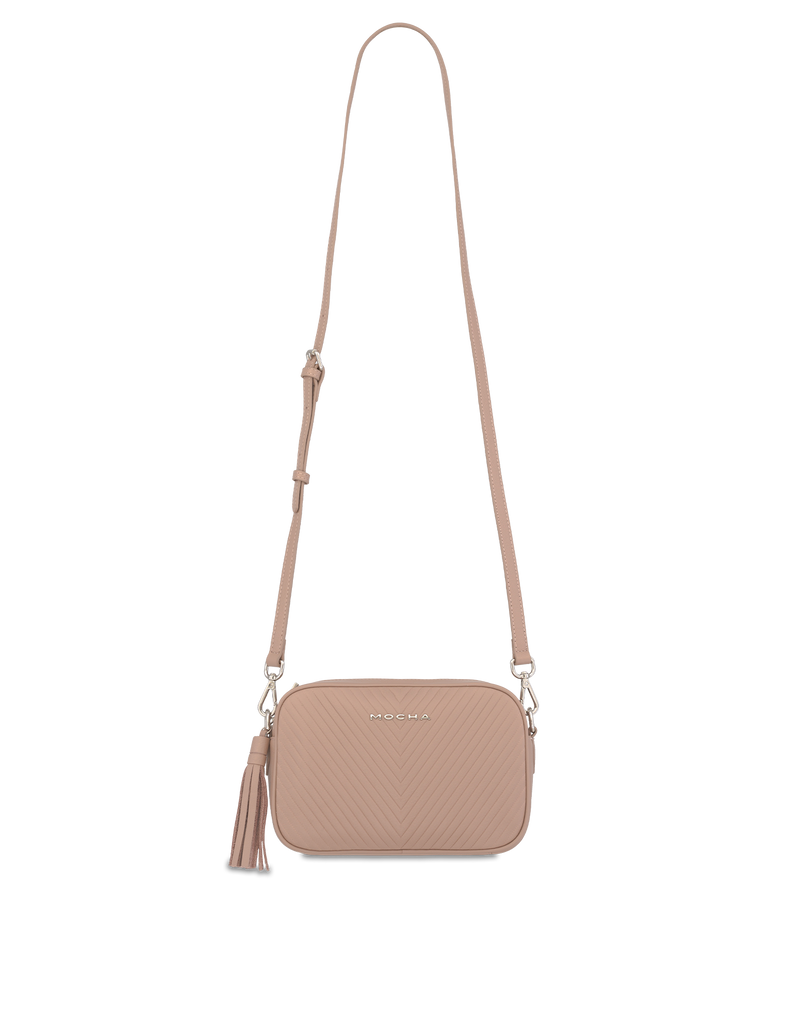 Mocha Chevron Box Leather Crossbody- Taupe | Mocha Australia