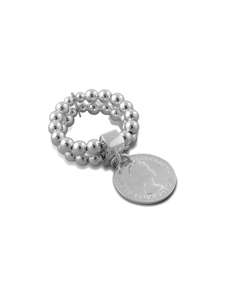 Von Treskow 2 Strand Stretchy Ring w Silver Coin Silver Mocha