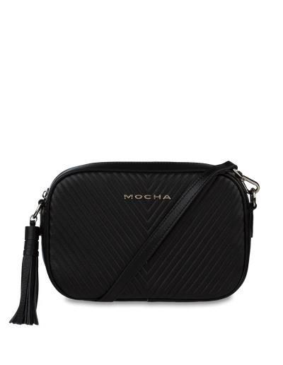 Mocha Chevron Box Leather Crossbody Bag - Black/Silver | Mocha Australia