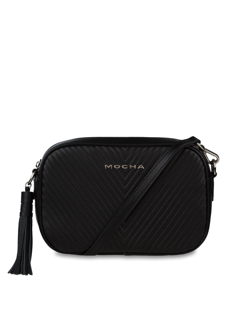 Mocha Chevron Box Leather Crossbody Bag - Black/Silver | Mocha Australia