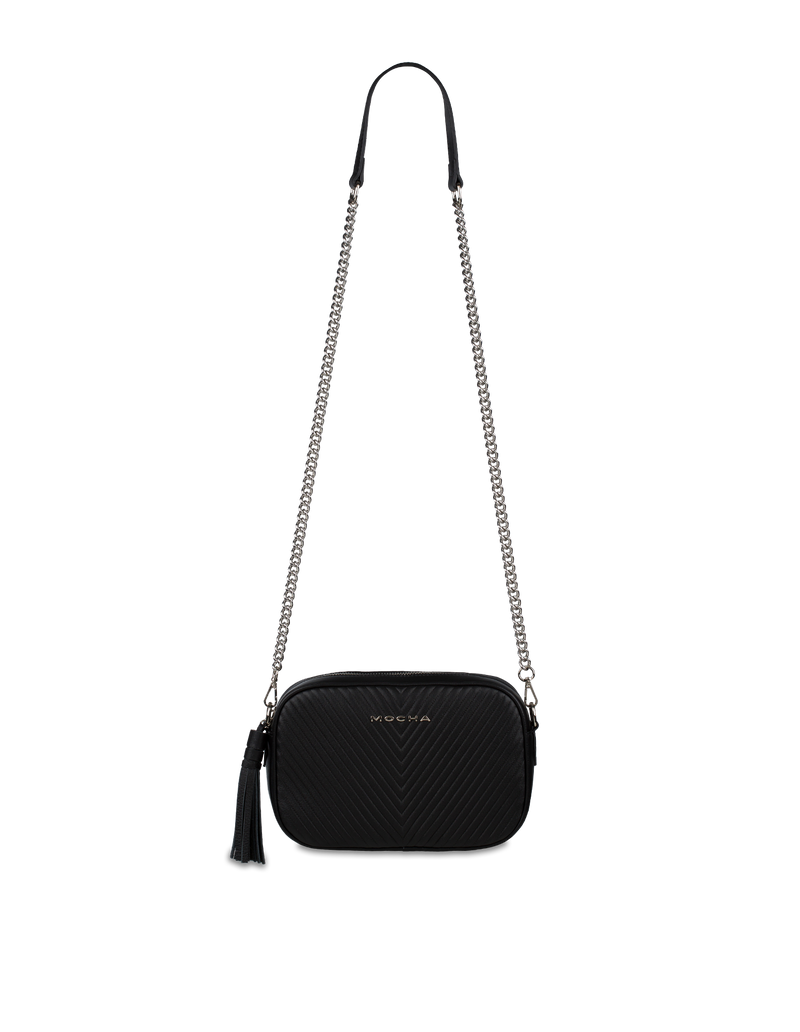 Mocha Chevron Box Leather Crossbody Bag - Black/Silver | Mocha Australia