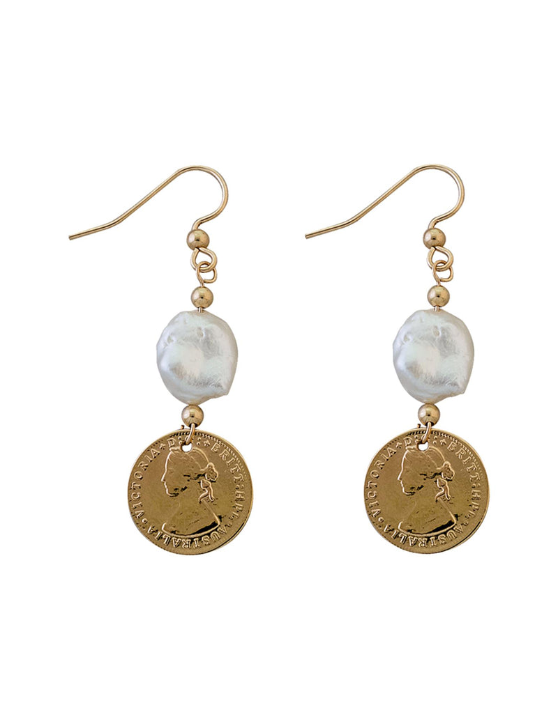 Von Treskow Token Earrings w/ Small Keshi Pearl - Gold | Mocha Australia