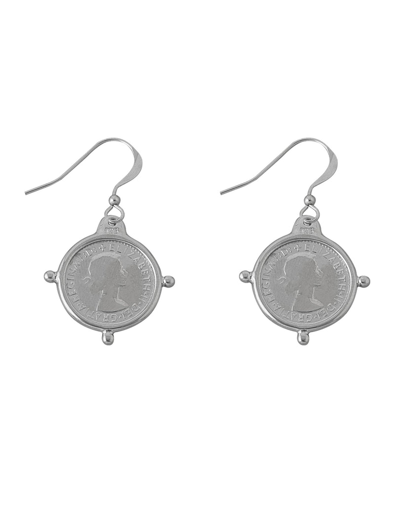 Von Treskow Hook Earrings w/ Compass Frame Threepence - Silver | Mocha Australia