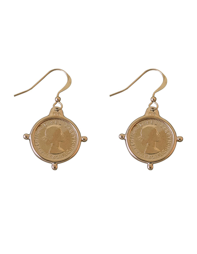 Von Treskow Hook Earrings w/ Compass Frame Threepence - Gold | Mocha Australia