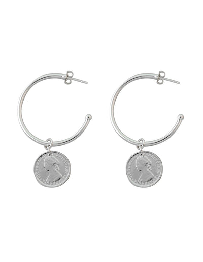 Von Treskow Open Hoop Studs Earrings w/ Token Coin - Silver | Mocha Australia