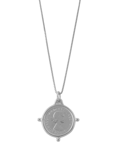 Von Treskow Fine Box Chain Necklace w/ Compass Frame Threepence - Silver | Mocha Australia