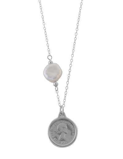 Von Treskow Fine Belcher Chain Necklace w/ Keshi Pearl & Threepence - Silver | Mocha Australia