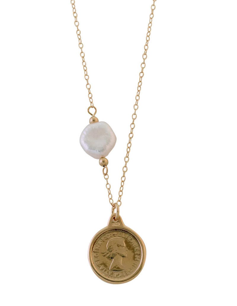 Von Treskow Belcher Chain Necklace w/ Keshi Pearl & Threepence - Gold | Mocha Australia