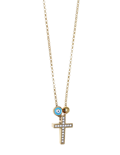 Gregio Tiny Shiny Cross Necklace w/ Evil Eye & White Zirconia - Gold | Mocha Australia