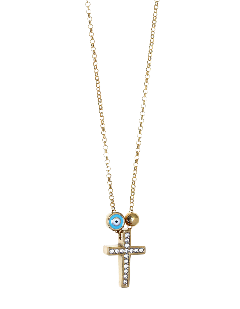 Gregio Tiny Shiny Cross Necklace w/ Evil Eye & White Zirconia - Gold | Mocha Australia