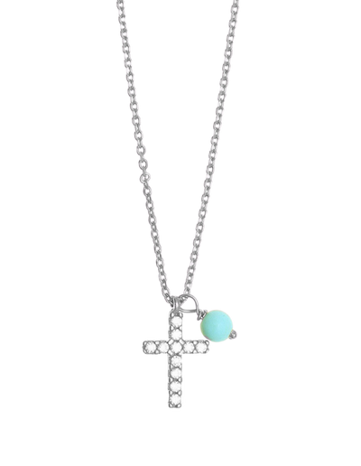 Gregio Tiny Shiny Cross Necklace w/ Turquoise & White Zirconia - Silver | Mocha Australia