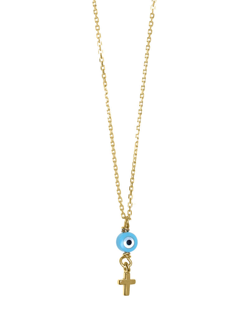 Gregio Tiny Shiny Necklace w/ Evil Eye & Cross - Gold | Mocha Australia