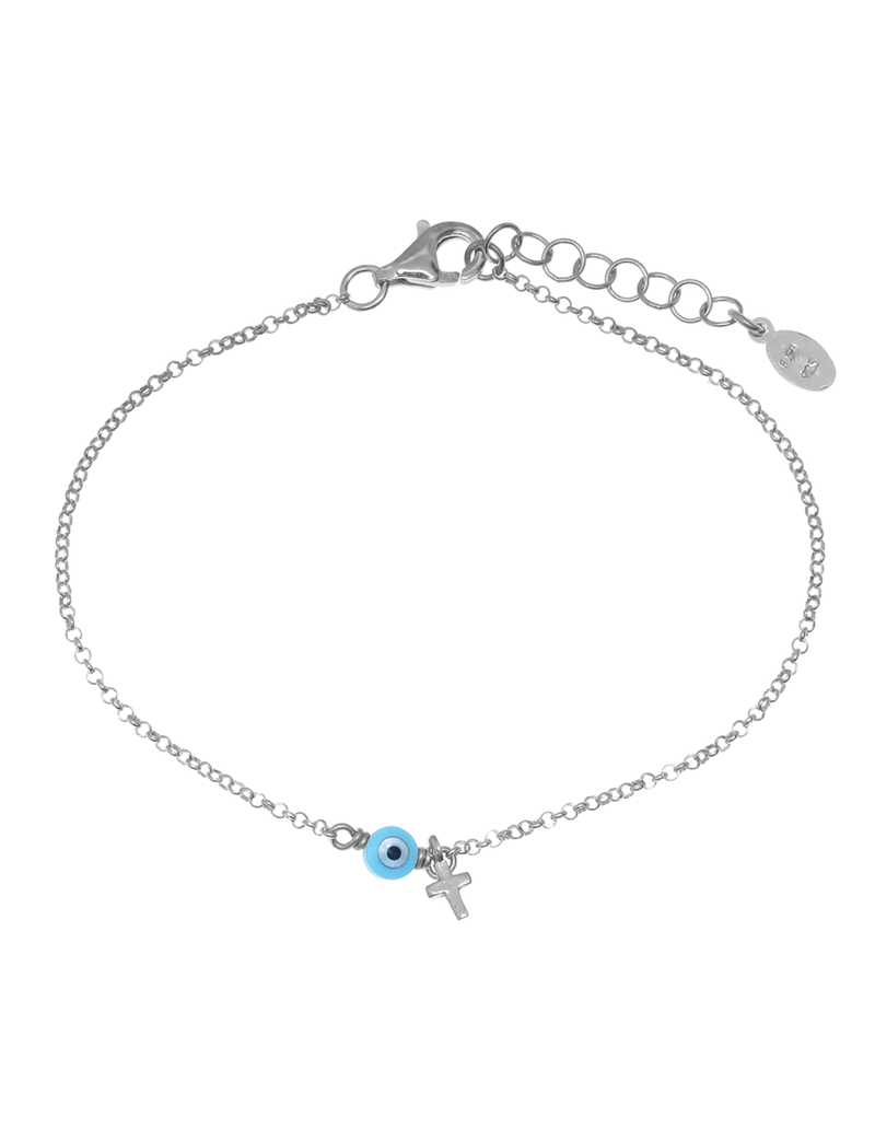 Gregio Tiny Shiny Bracelet w/ Cross & Evil Eye - Silver | Mocha Australia
