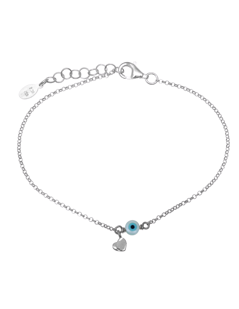 Gregio Tiny Shiny Bracelet w/ Heart & Evil Eye - Silver | Mocha Australia