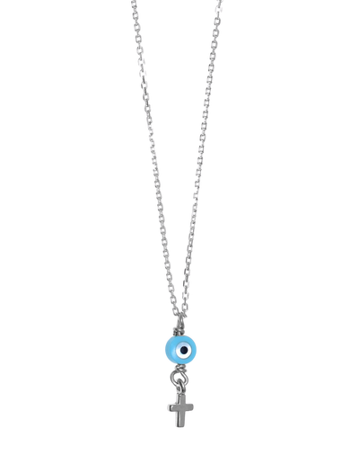 Gregio Tiny Shiny Necklace w/ Evil Eye & Cross - Silver | Mocha Australia