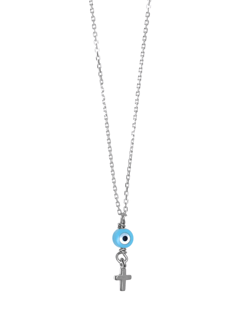 Gregio Tiny Shiny Necklace w/ Evil Eye & Cross - Silver | Mocha Australia