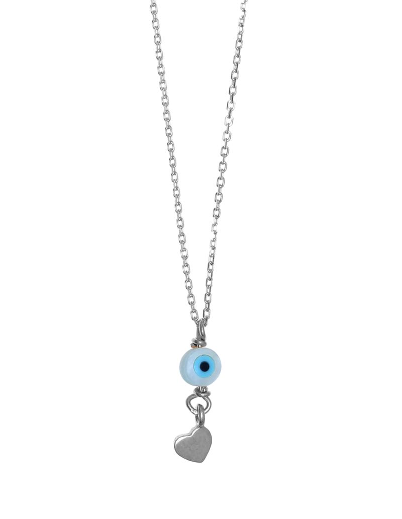 Gregio Tiny Shiny Necklace w/ Evil Eye & Heart - Silver | Mocha Australia