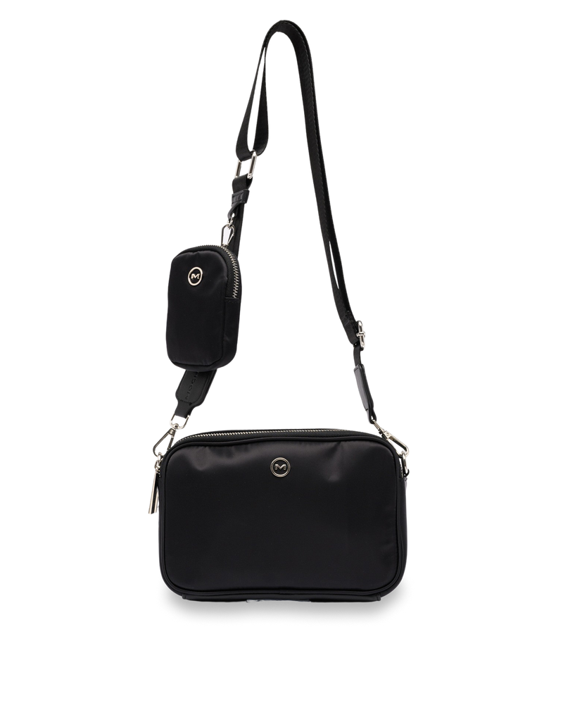 Black double zip store cross body bag