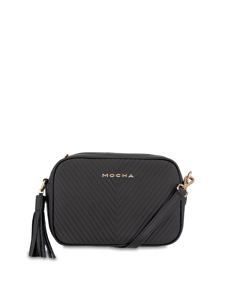 Mocha Chevron Box Leather Crossbody Bag - Black/Light Gold | Mocha Australia