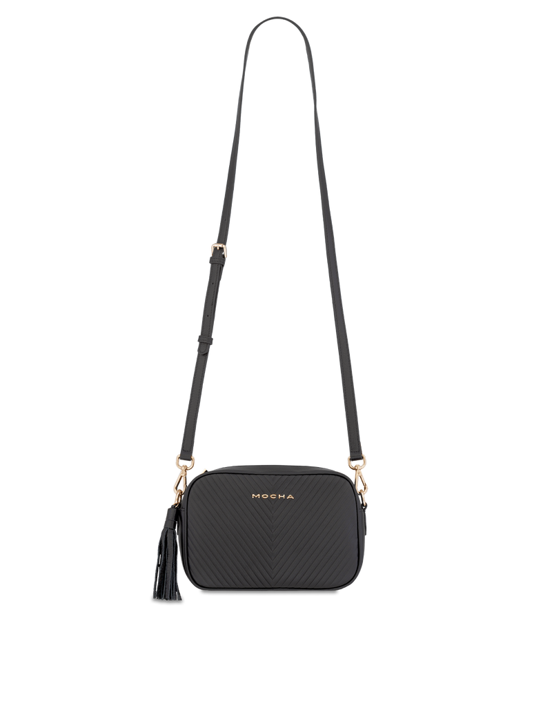 Mocha Chevron Box Leather Crossbody Bag - Black/Light Gold | Mocha Australia