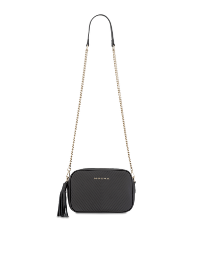 Mocha Chevron Box Leather Crossbody Bag - Black/Light Gold | Mocha Australia