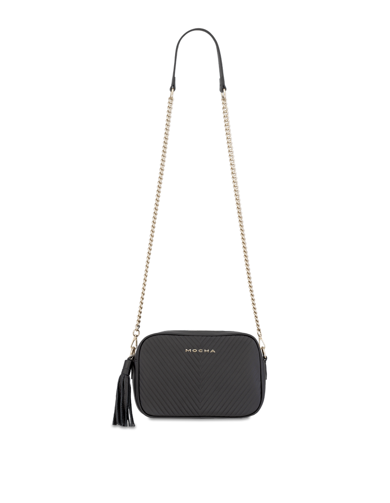 Mocha Chevron Box Leather Crossbody Bag - Black/Light Gold | Mocha Australia