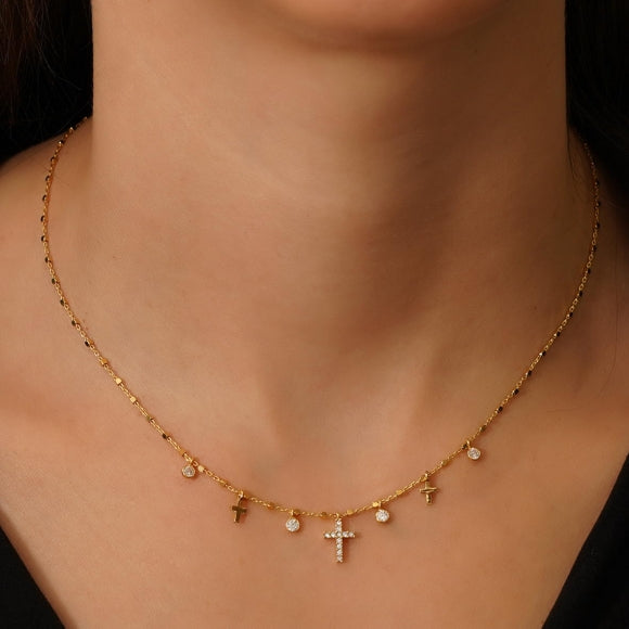 Gregio Simply Me/ Tiny Shiny Necklace w/ CZ Cross & CZ - Gold | Mocha Australia