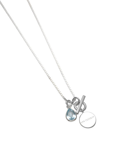 Von Treskow Box Chain Necklace w/ Pear Shaped Blue Topaz & VT Toggle (9x6mm) | Mocha Australia