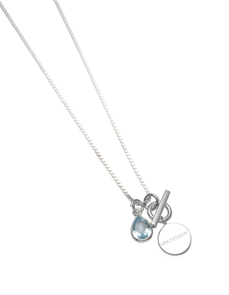 Von Treskow Box Chain Necklace w/ Pear Shaped Blue Topaz & VT Toggle (9x6mm) | Mocha Australia