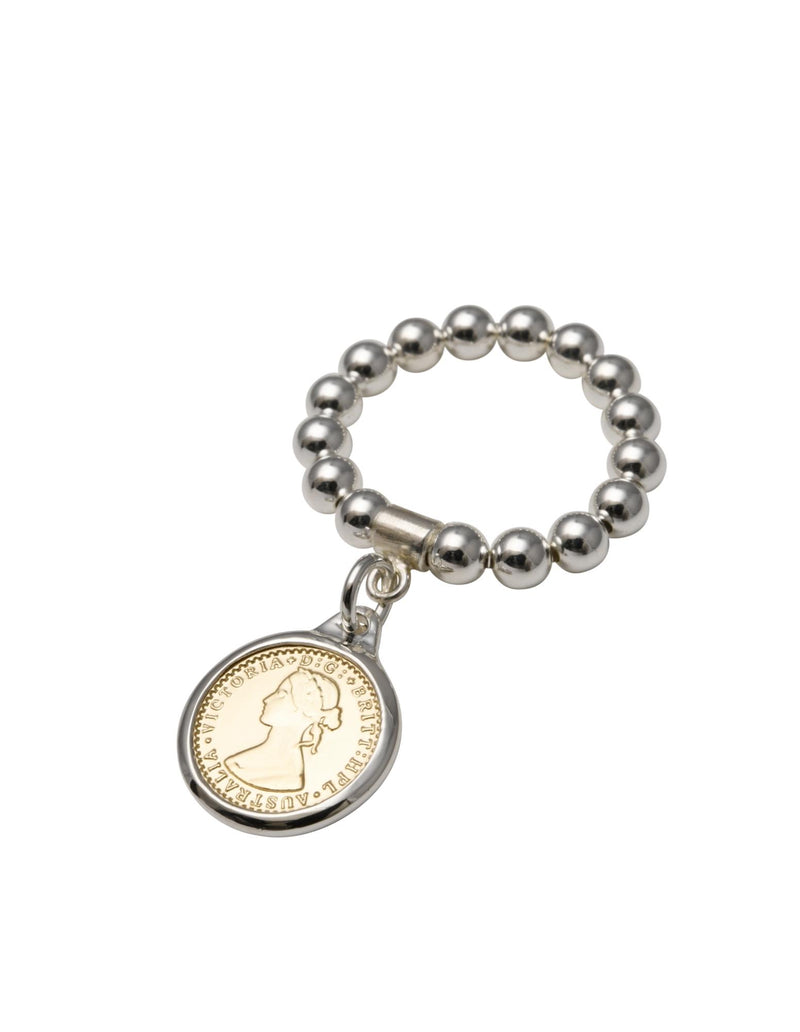 Von Treskow Single Strand Stretch Ring w/ Yellow Gold Mini Token Coin ...