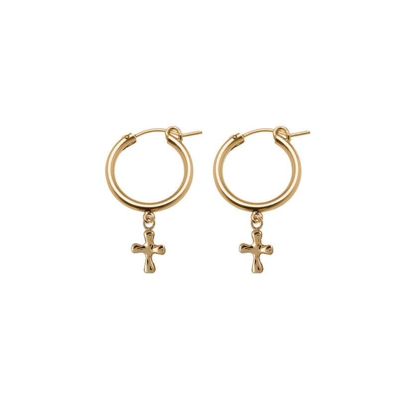 Von Treskow Lever Hoop Hook Earrings w/ Puffy Cross - Gold | Mocha Australia