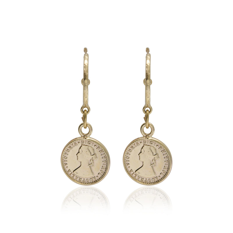 Von Treskow 9CT Gold 13mm Hammered Hoops w/ Token Coin | Mocha Australia