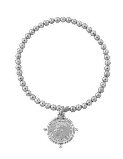 Von Treskow 4mm Stretchy Bracelet w/ Compass Frame Threepence - Silver | Mocha Australia